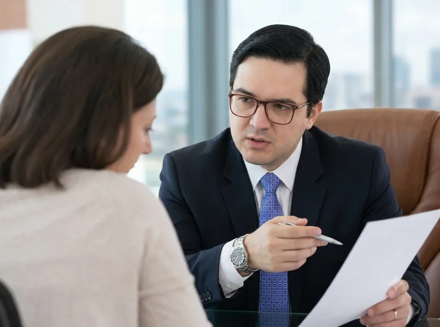 Dr. Rafael Germano orientando uma cliente empresária sobre estratégia jurídica em dívidas bancárias